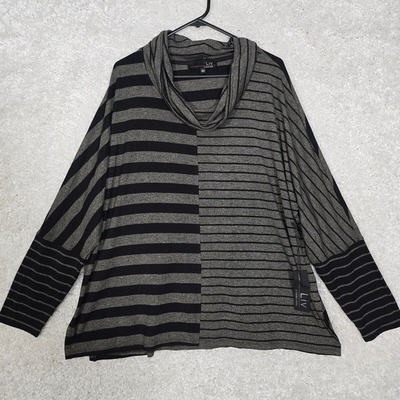 Liv‎ by Habitat Sweater Women Large Gray Black Stripe Cowl Neck Lagenlook Top - Picture 1 of 12